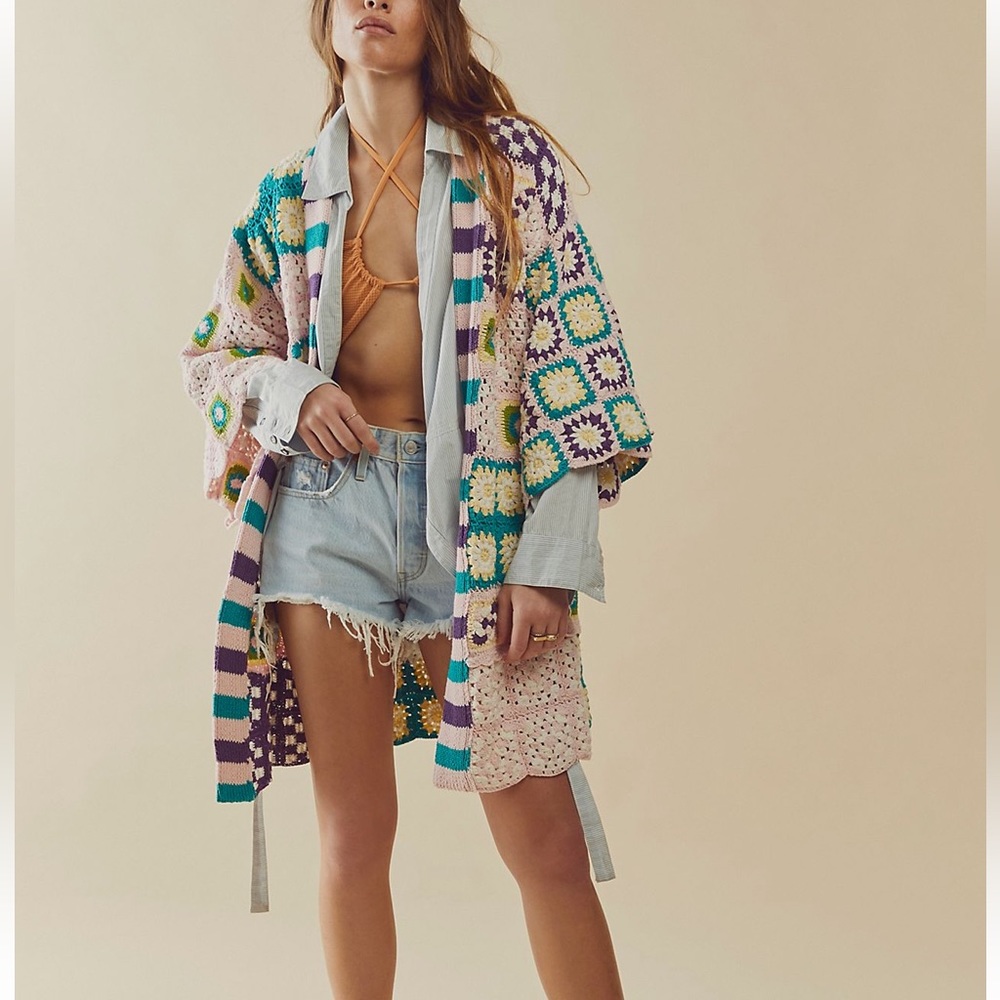 Free People Fillyboo Patchwork People Crochet Robe Unique Kimono Jacket L